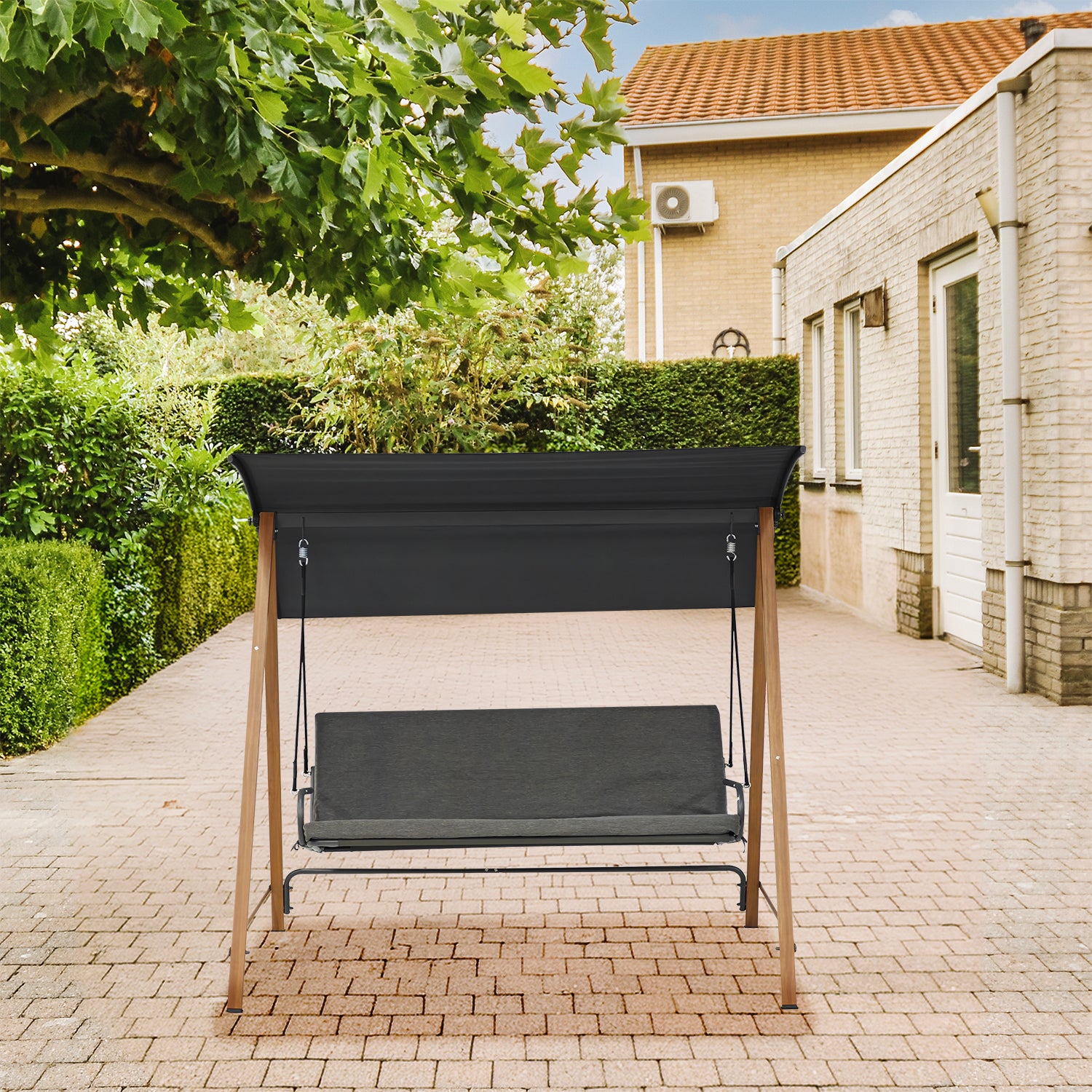 VESTIAMO CASA GIARDINO - Dondolo da giardino struttura in Acciaio Effetto Legno e seduta in textilene grigio - h170x190x128 cm